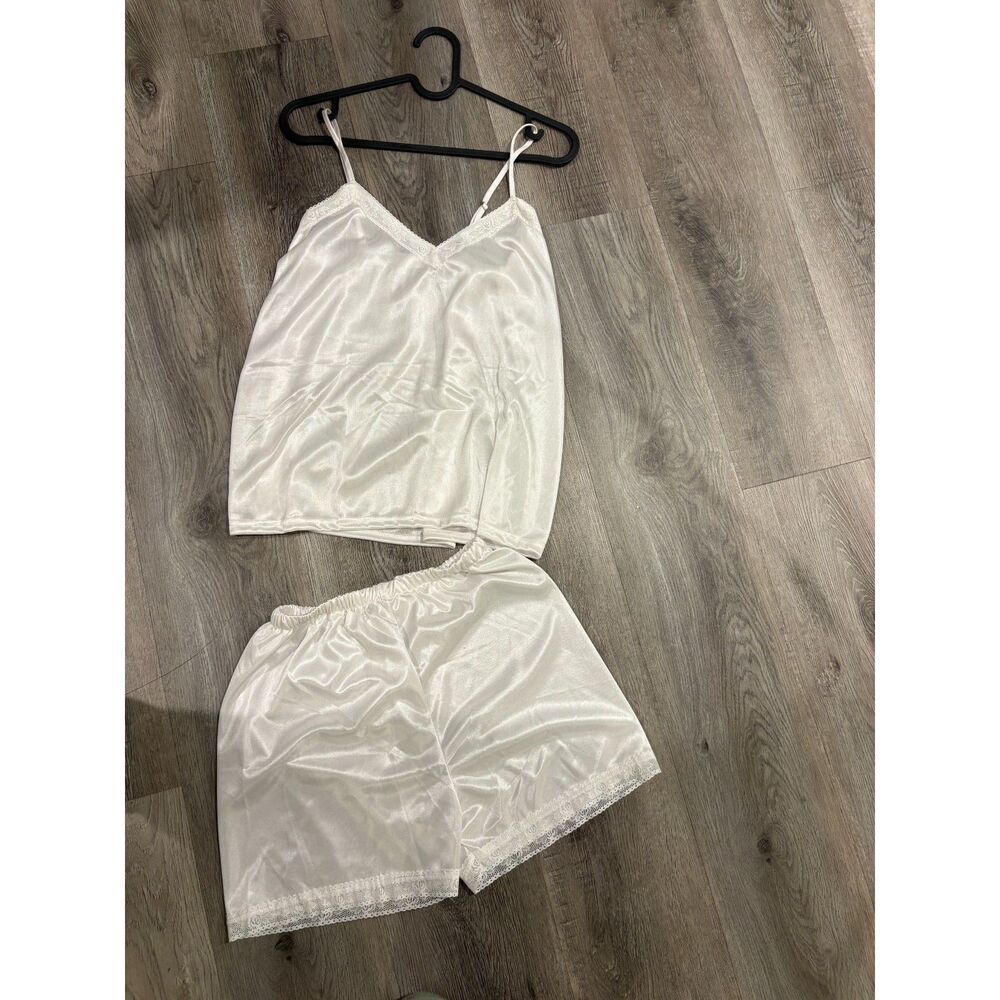 White Satin Cami & Shorts Set with Black Lace Trim NWT